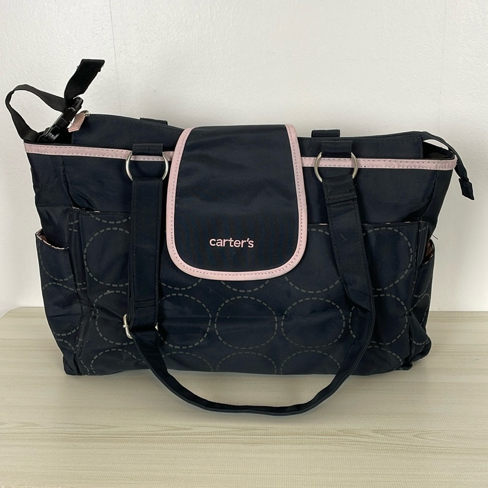 Carter's Black Pink Baby Diaper Bag Large 2 Outside Pockets 2 Side Pockets